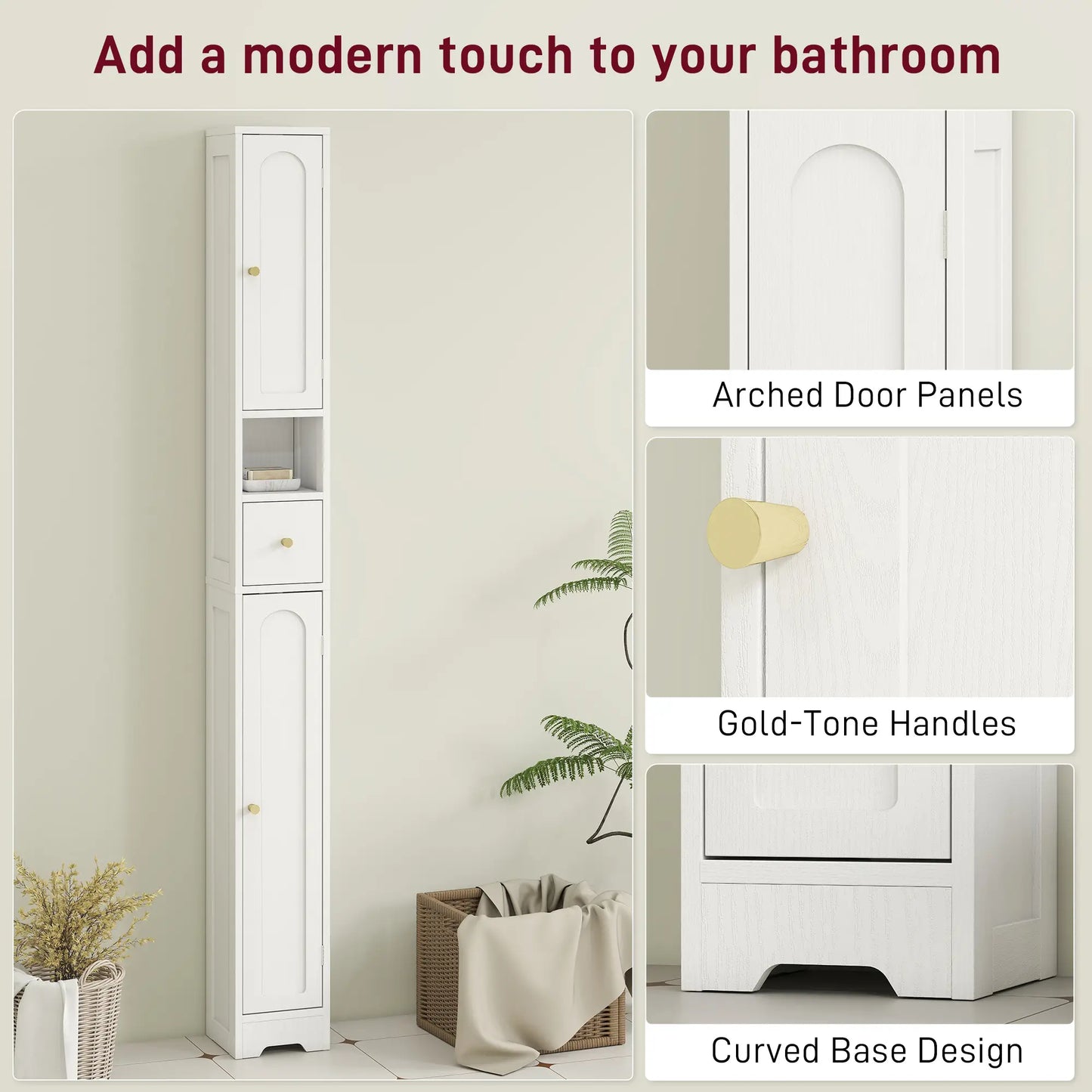 Tall Bathroom Cabinet, Modern Slim Storage, Arched Doors, White Freestanding Bathroom Cabinets at Gallery Canada