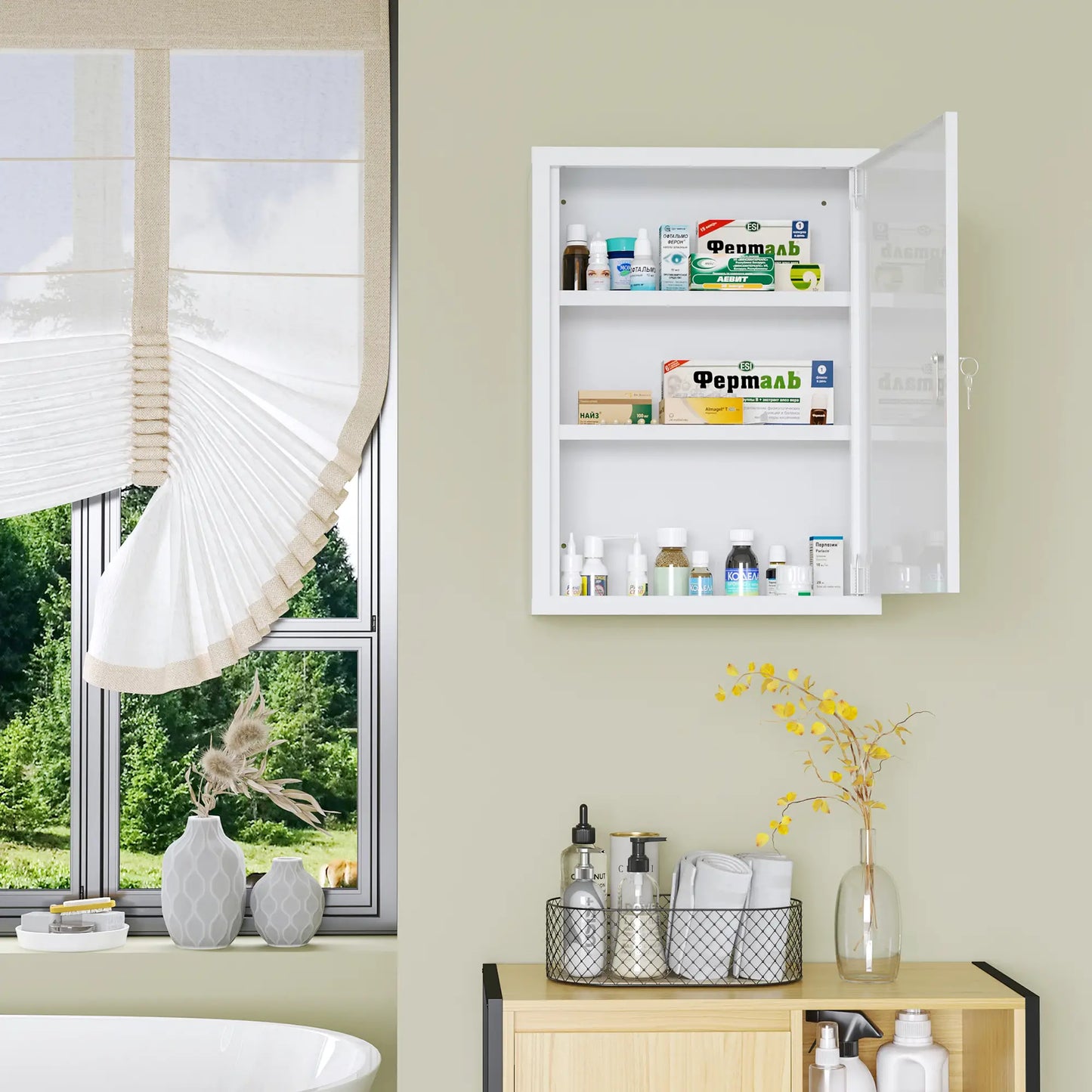 Lockable Medicine Cabinet, 3 Tier Steel Wall Box, 2 Keys, Shelves, White Mirror Medicine Cabinets at Gallery Canada