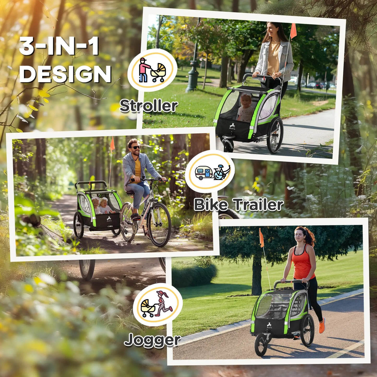 3-in-1 Bike Trailer, Running Stroller, 2 Seats, 5-Point Harness, Storage, Green Kids Bike Trailers at Gallery Canada