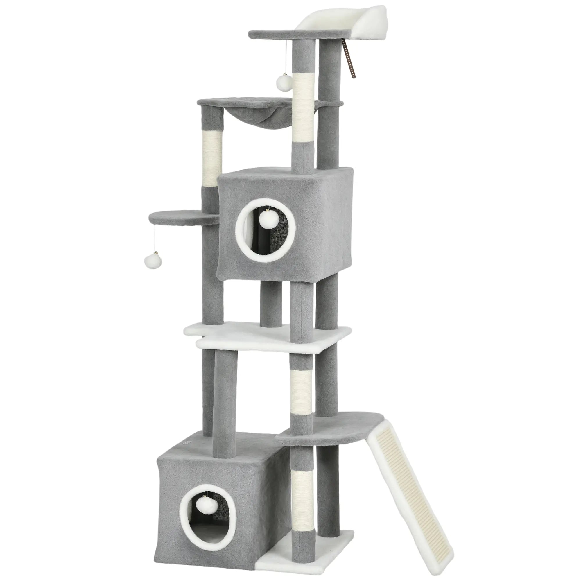 65 Inch Cat Tree, 2 Doors Condos, Plush Perch, Hammock, Grey Cat Towers Grey, White at Gallery Canada