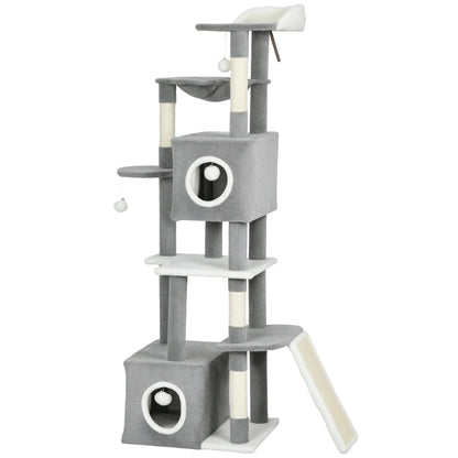 65 Inch Cat Tree, 2 Doors Condos, Plush Perch, Hammock, Grey Cat Towers Grey, White at Gallery Canada