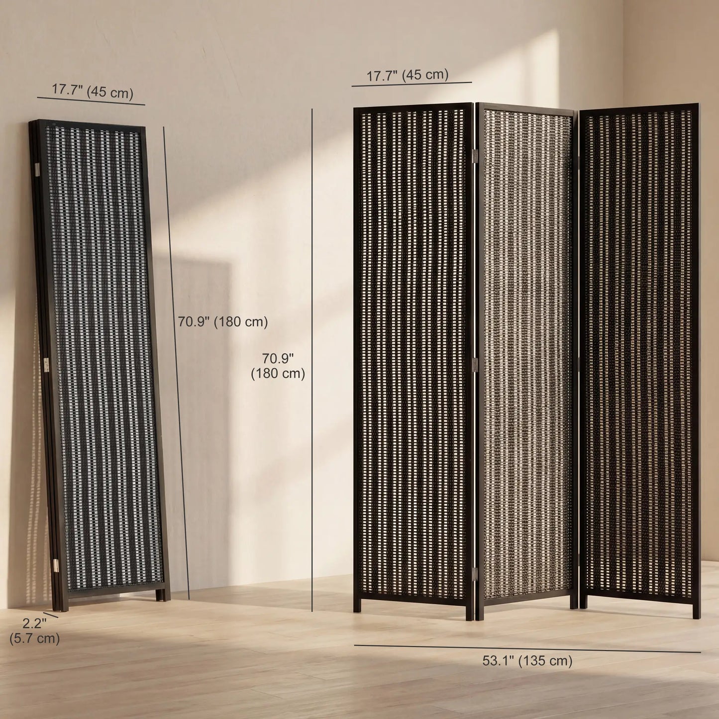 3 Panel Folding Privacy Screen, Handwoven Bamboo Pine Wood Frame, Black Room Dividers at Gallery Canada