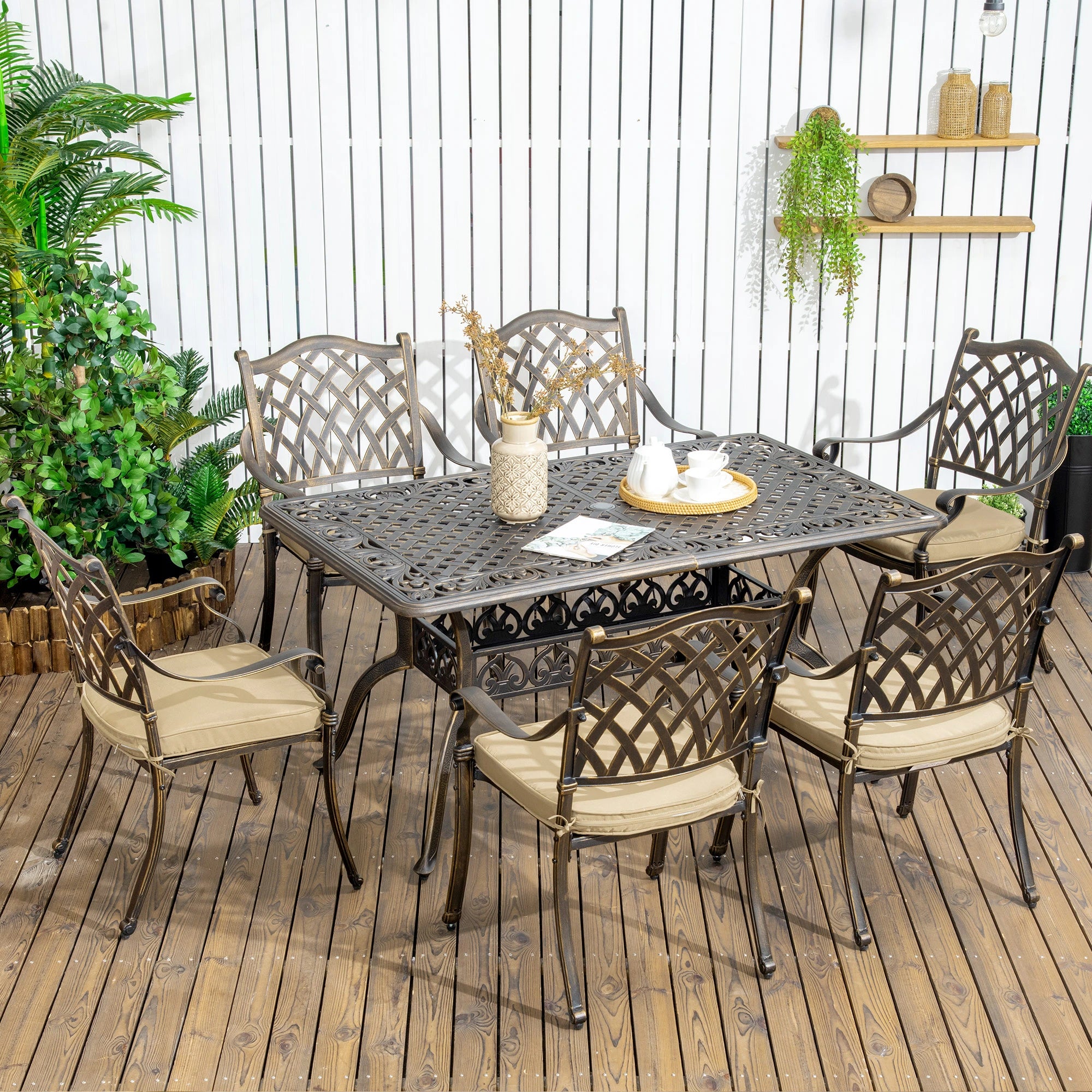 7-Piece Patio Dining Set, Cast Aluminum, 6 Cushioned Chairs, Rectangle Table, Khaki Bistro Sets at Gallery Canada