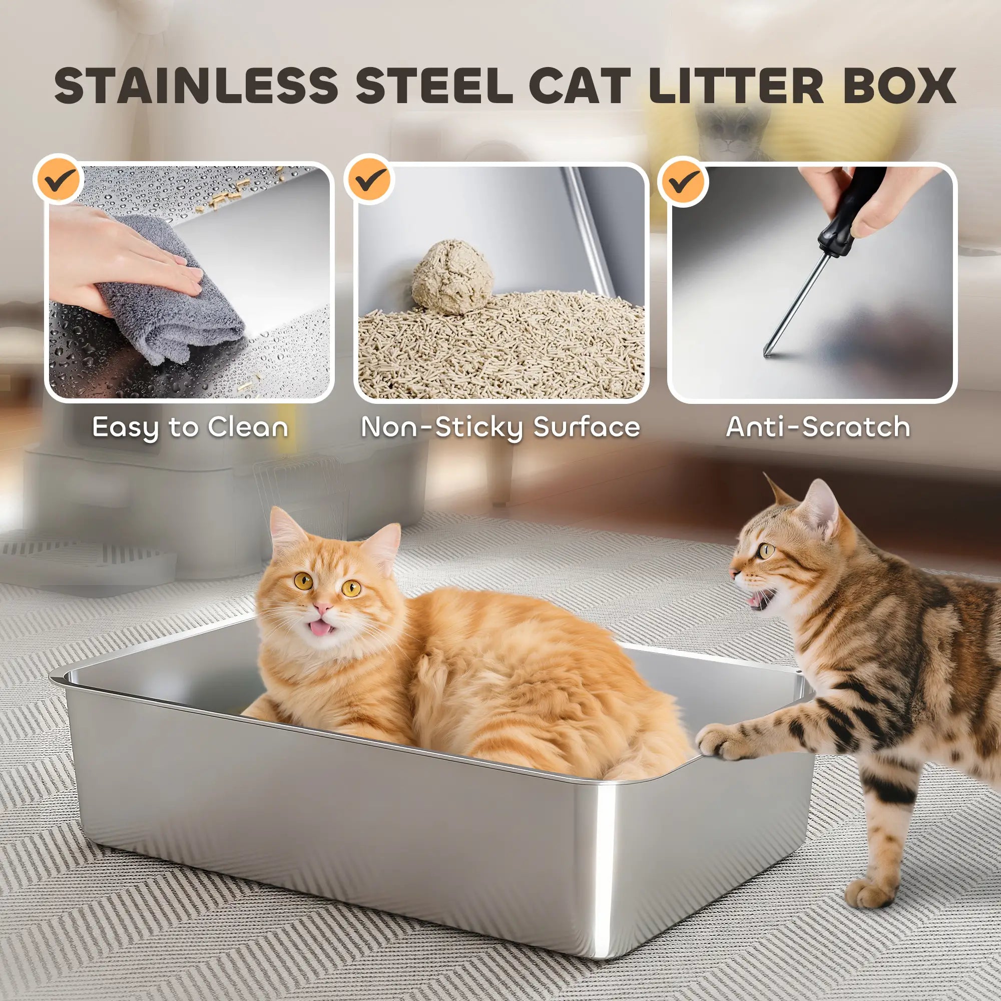 80L XL Stainless Steel Cat Litter Box, Flip Cover, Pull-Out Drawer, High Sided, Pedal, Light Grey Cat Litter Box Enclosures at Gallery Canada