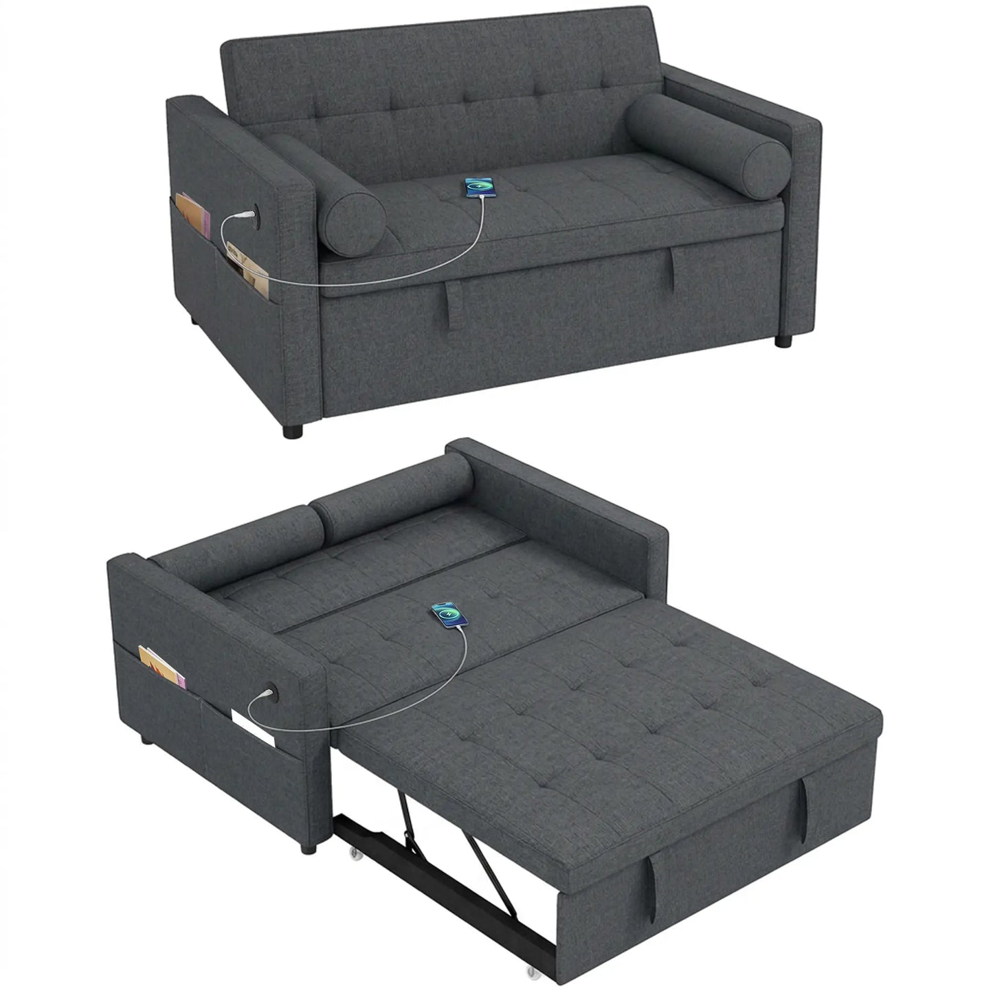 Pull Out Sofa Bed With USB Ports, Linen Loveseat Futon, Dark Grey 2-Seater Sofas at Gallery Canada