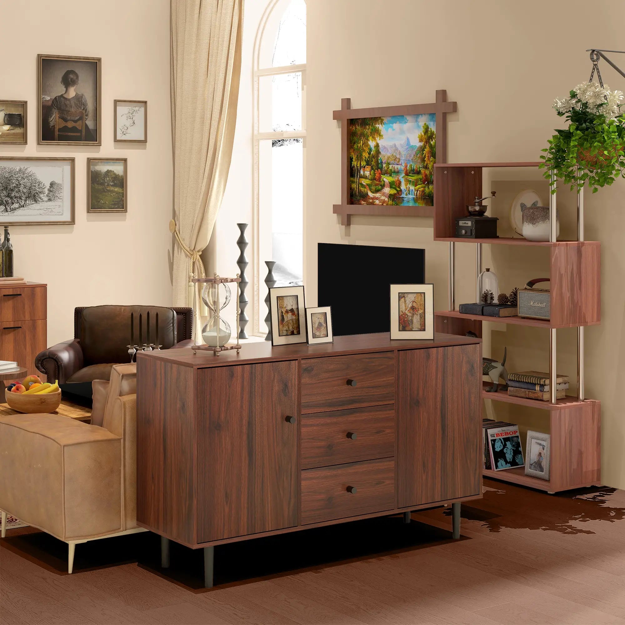 Kitchen Storage Sideboard, 2 Doors, 3 Drawers, Adjustable Shelves, Brown Bar Cabinets at Gallery Canada