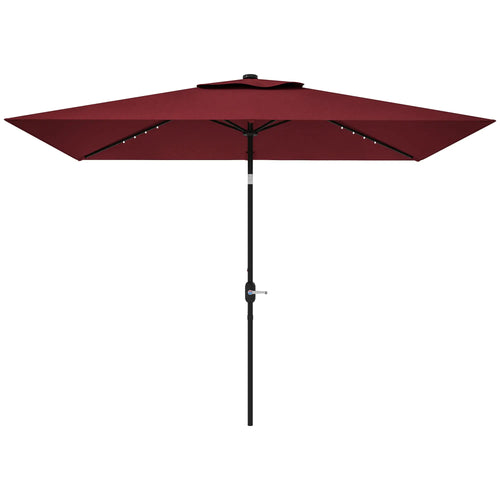 6' x 10' Rectangular Patio Umbrella, 22 LED Solar Lights, Tilt, Crank, Wine Red