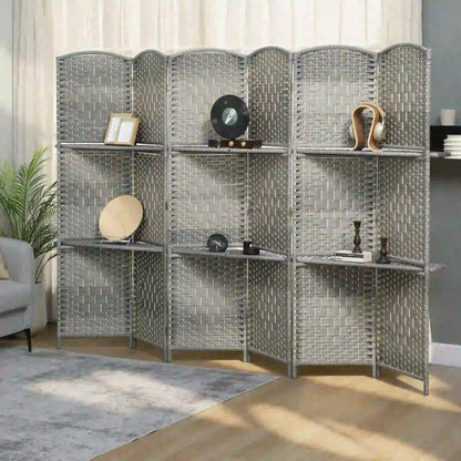 6 FT Privacy Screen, 6 Panel Room Divider With Shelves, Grey
