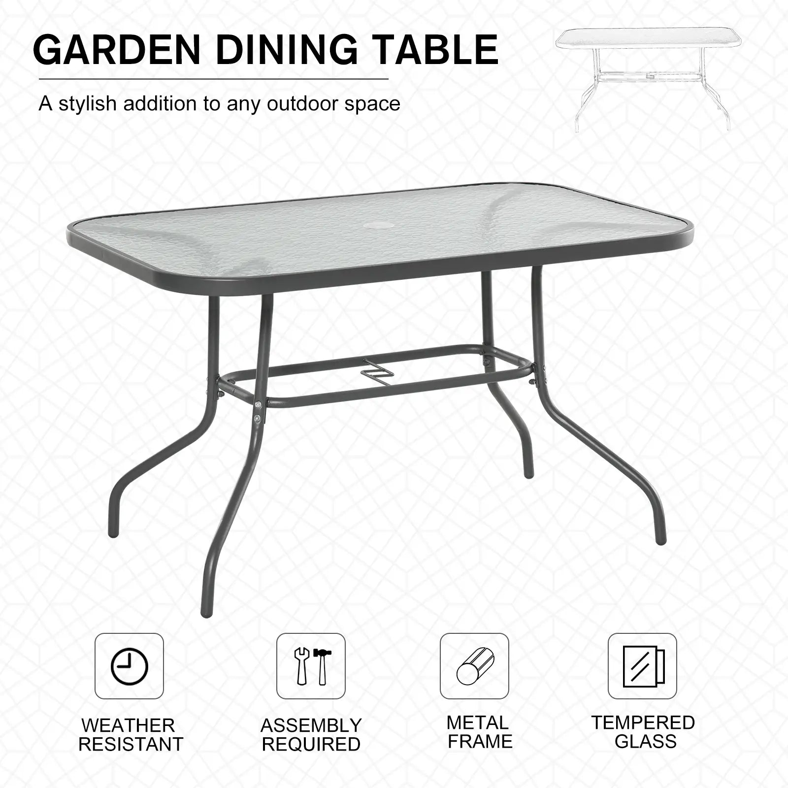 Metal Garden Dining Table, Umbrella Hole, Tempered Glass Top, 47.25