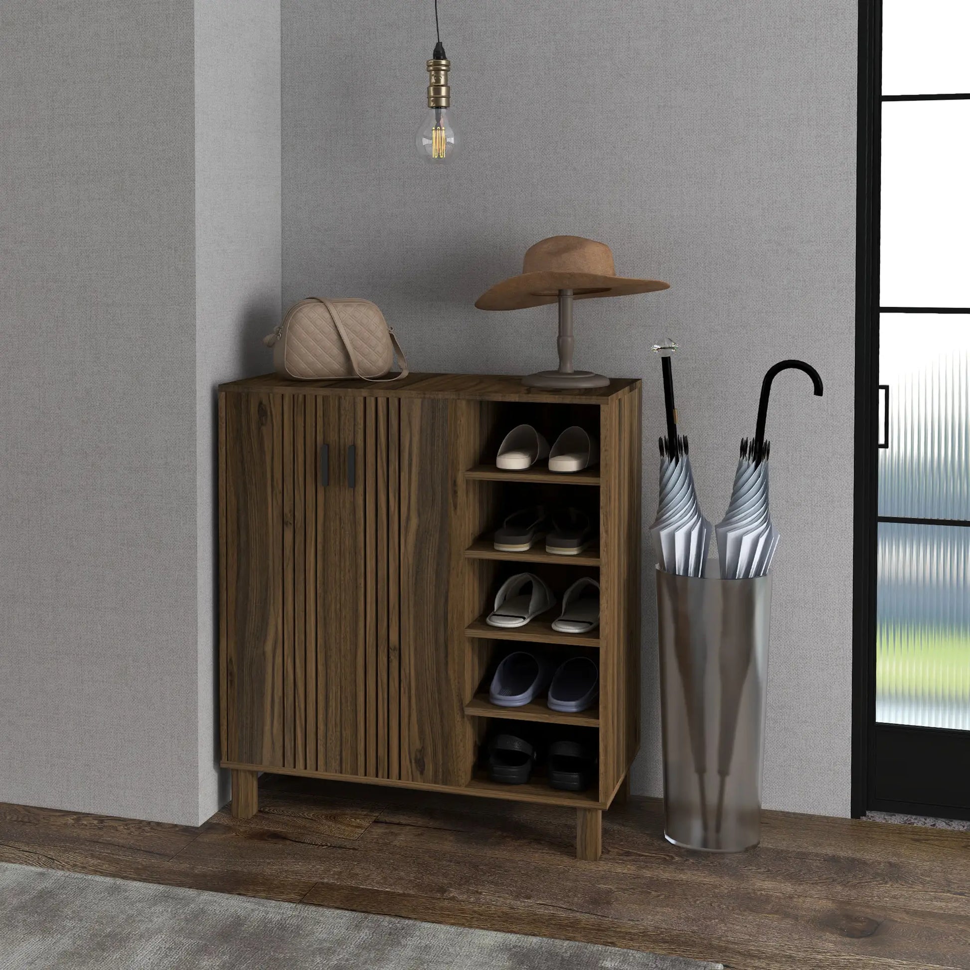 Double Door Shoe Storage, Open Shelves, 17 Pair, Walnut Shoe Storage Cabinets & Racks at Gallery Canada