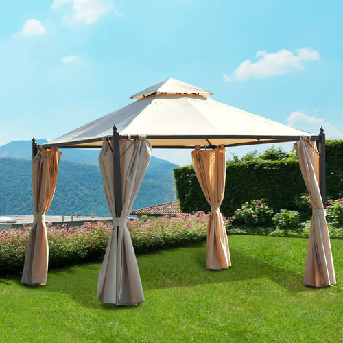 10x10ft Gazebo Canopy, Garden Shelter, Sun Shade with Curtains, Beige