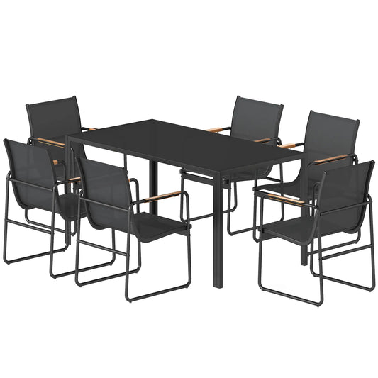 7 Piece Outdoor Dining Set, Glass Patio Table And Chairs, Black