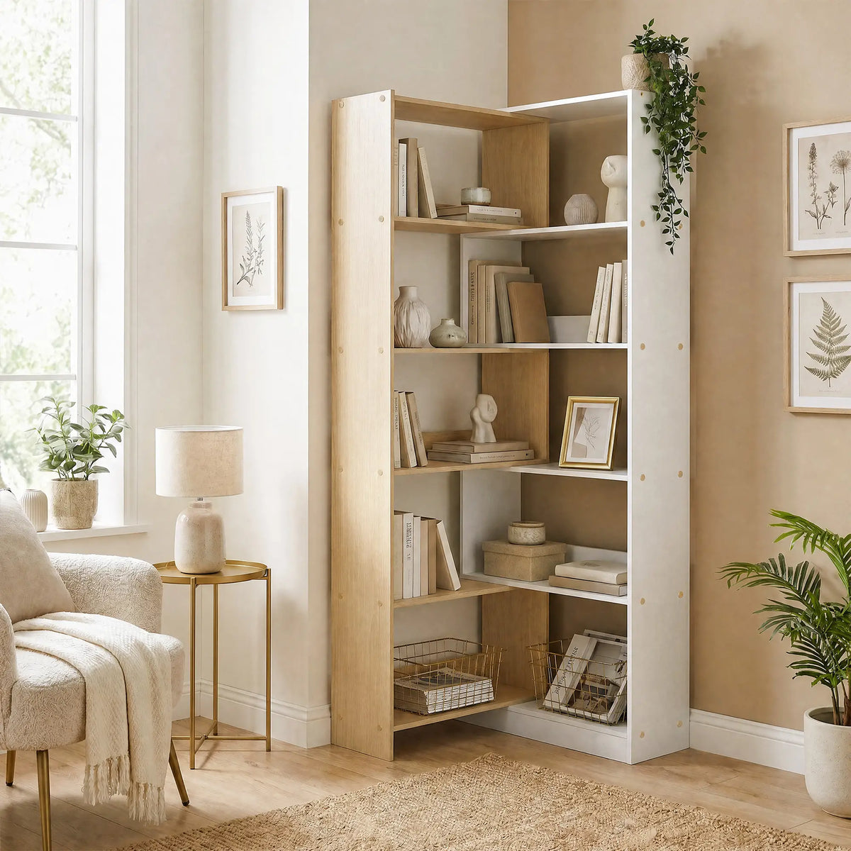 Corner Bookshelf, 5-Tier L-Shaped Bookcase with 350° Rotating Design, Two-Tone Design, Fruitwood/White Display Bookshelves at Gallery Canada