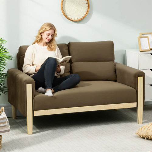 53 Inch Loveseat Sofa, 2 Seater Couch, Solid Wood Legs, Modern Velvet, Brown