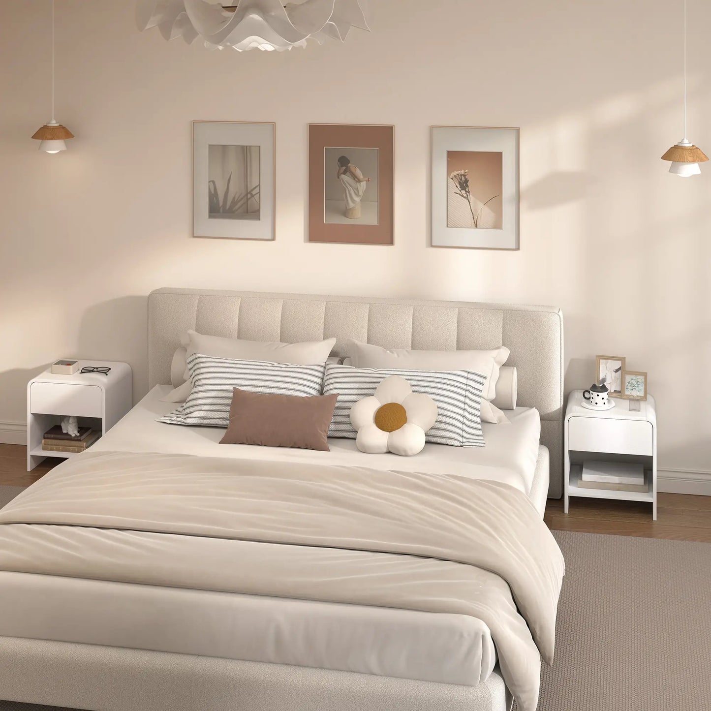 Modern Nightstand Set of 2, Distressed White, With Drawer and Shelf, White