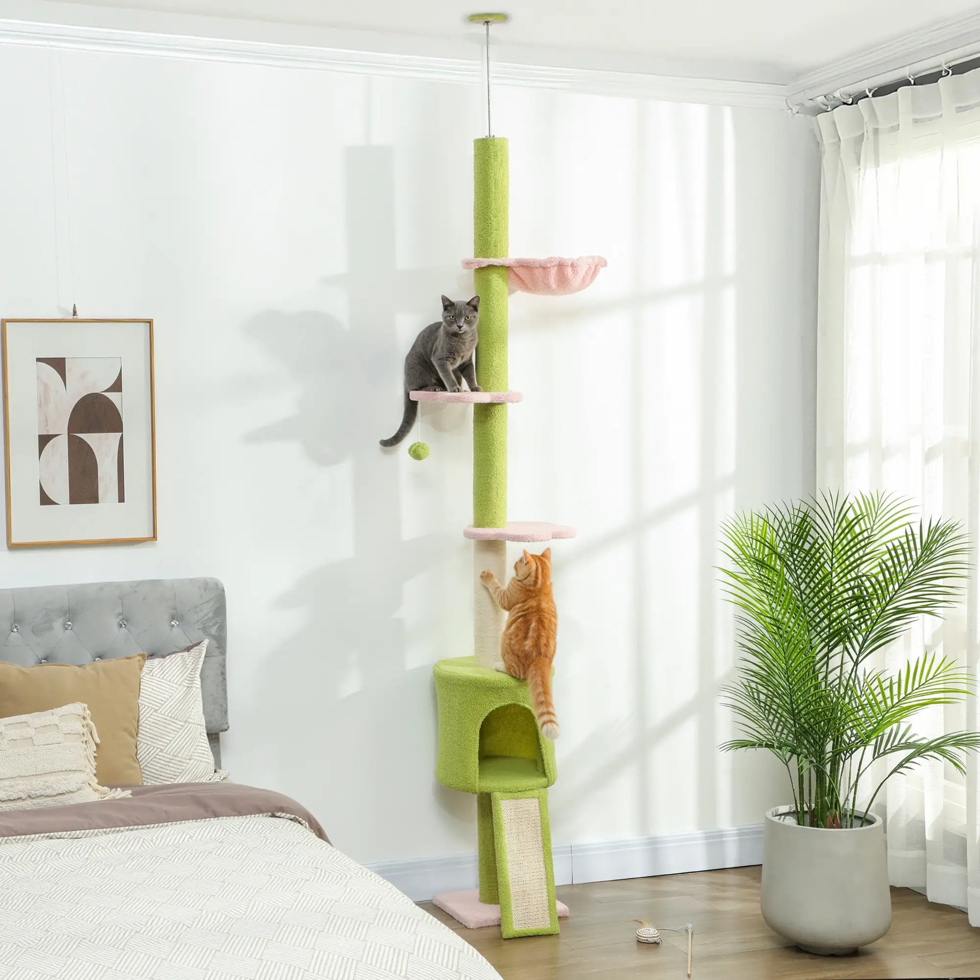 87"-94.5" Cat Tree, Sisal Scratching Post, Condo, Hammock, Ramp, Perches, Green Floor to Ceiling Cat Trees at Gallery Canada