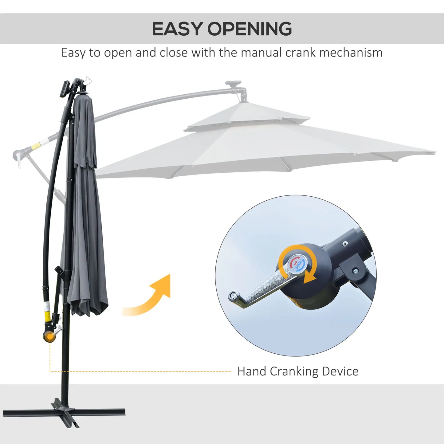 10FT Solar Powered Cantilever Patio Umbrella, Crank, Cross Base, Grey Cantilever Umbrellas at Gallery Canada