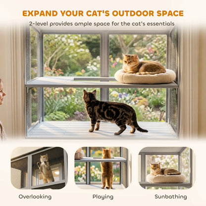 Outdoor Cat Enclosure, Wall-Mounted 2-Level Cat House, Waterproof Roof, 51.2", Grey Outdoor Cat Enclosures at Gallery Canada