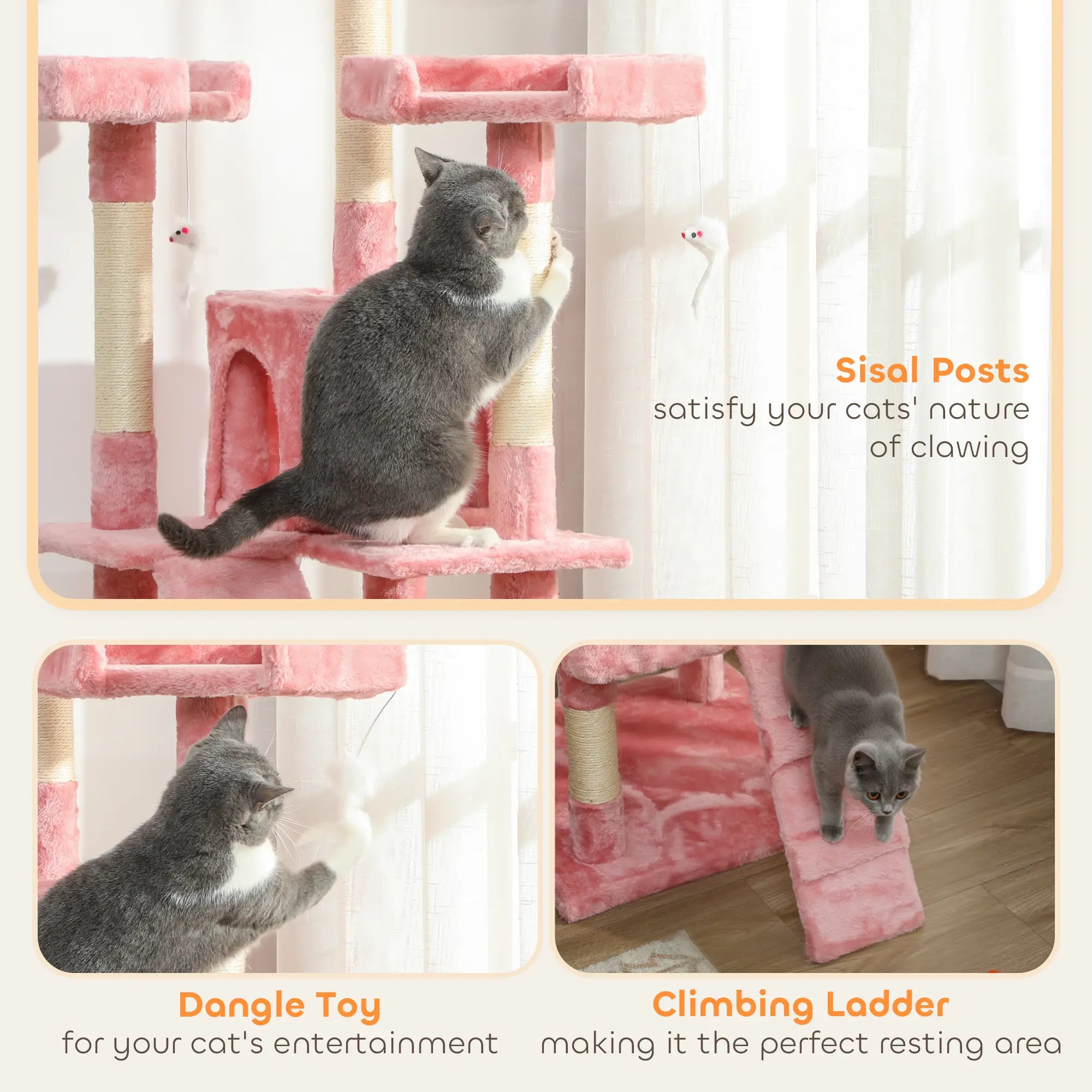 68-Inch Multi-Level Cat Scratching Tree, Kitty Activity Center, Pink Multi-Level Cat Towers at Gallery Canada