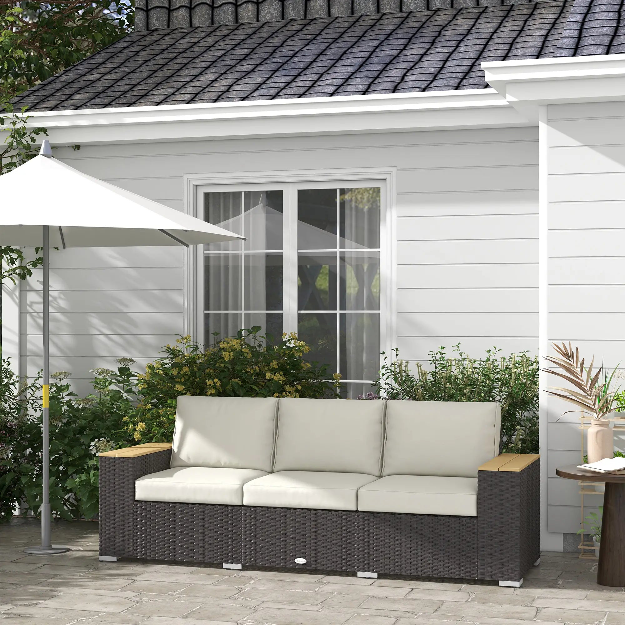 3-Seat Outdoor Couch with Cushions, PE Rattan, Wood Grain Armrests, Cream White Patio Furniture Sets at Gallery Canada