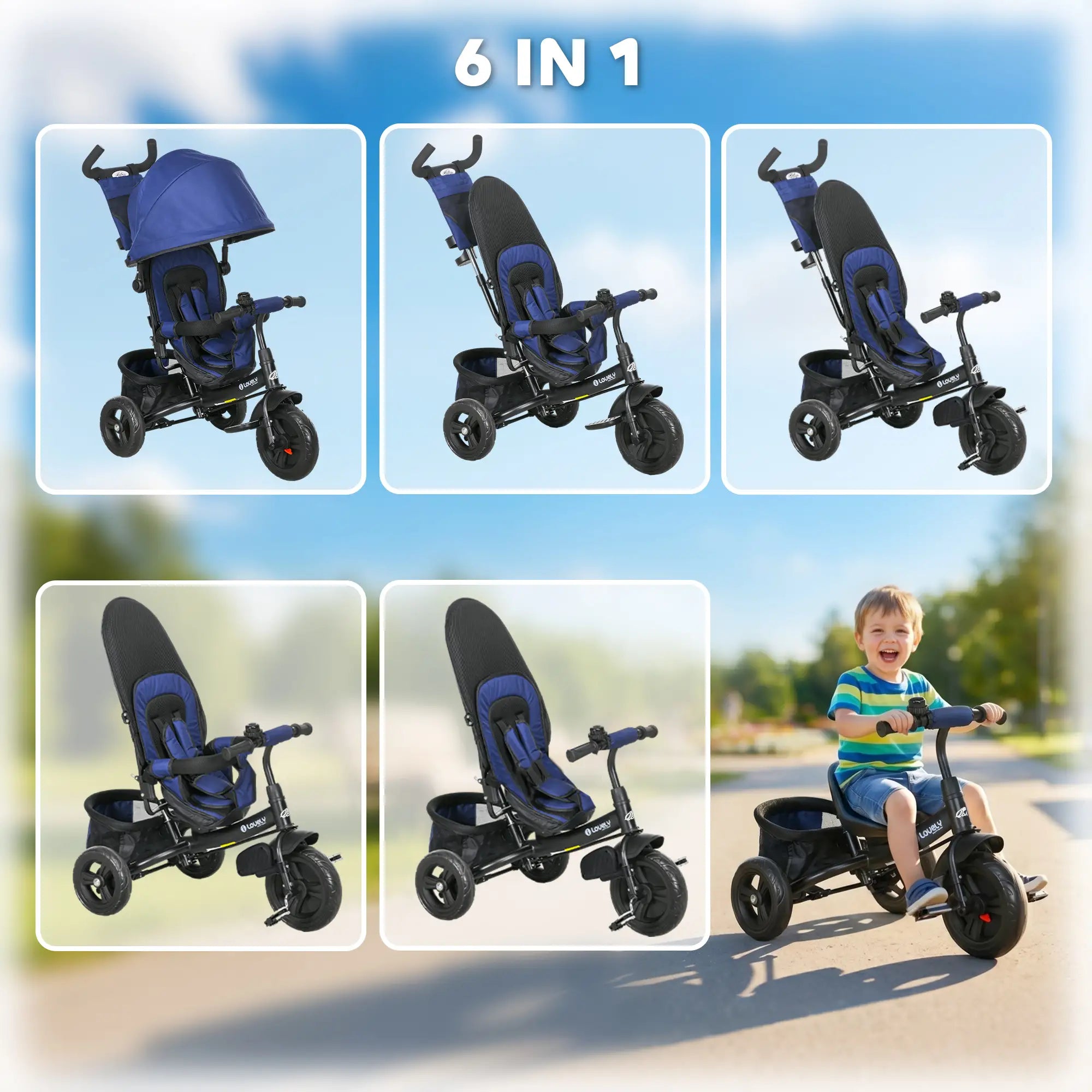 6 in 1 Tricycle for Toddlers, Parent-Push Handle, Dark Blue Tricycles for Kids at Gallery Canada