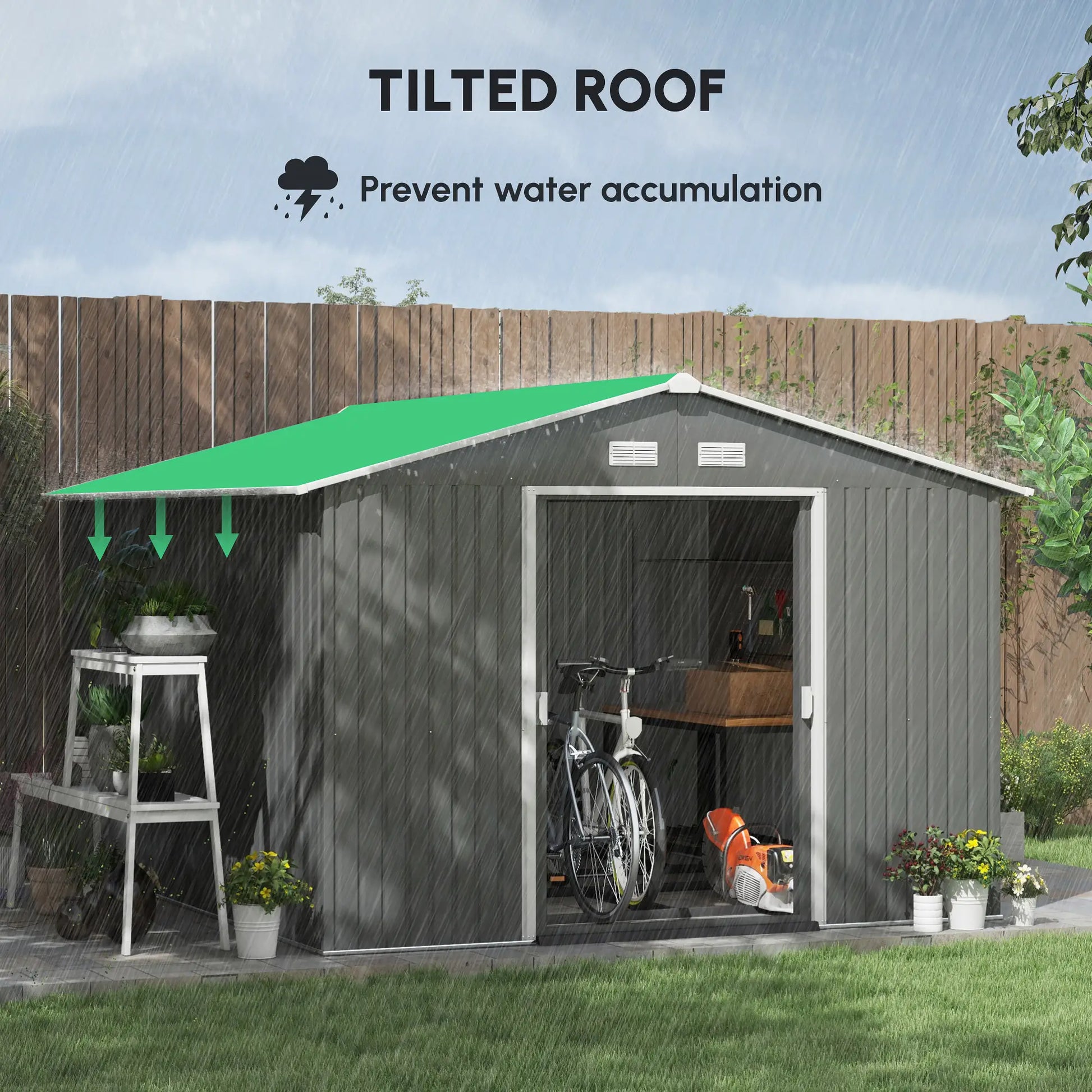 9' x 10.6' Garden Storage Shed, Foundation Kit, Double Doors, Light Grey Sheds at Gallery Canada