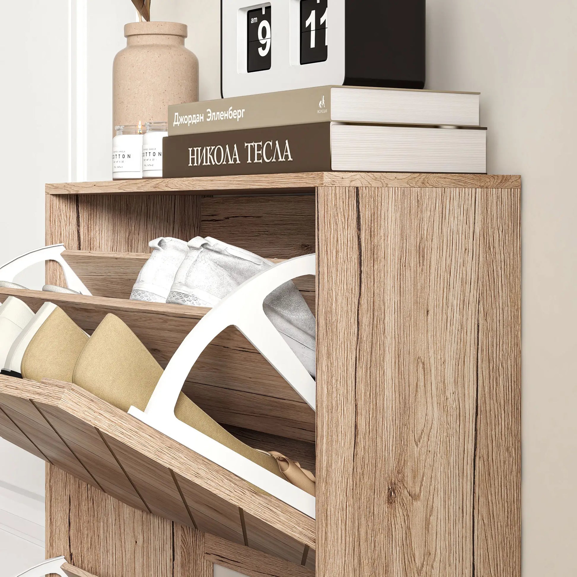 Shoe Storage Cabinet, 3 Flip Drawers, Narrow, 12 Pair Organizer, Nature Wood Shoe Storage Cabinets & Racks at Gallery Canada