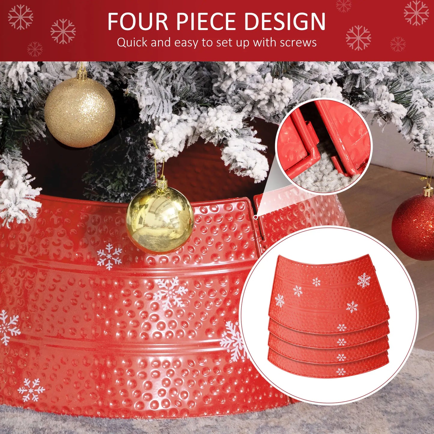 Christmas Tree Collar, 26" Metal, Snowflake Engraving, Red Christmas Trees at Gallery Canada