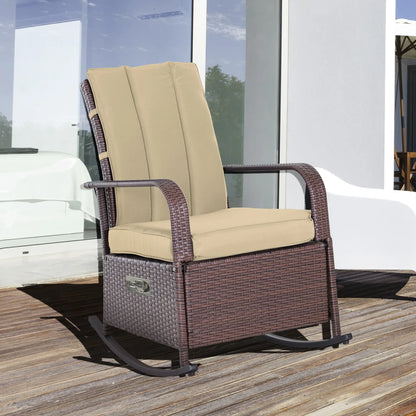 Outdoor Wicker Rocking Chair, PE Rattan Recliner with Cushion, Adjustable Footrest, Khaki Outdoor Rocking Chairs at Gallery Canada
