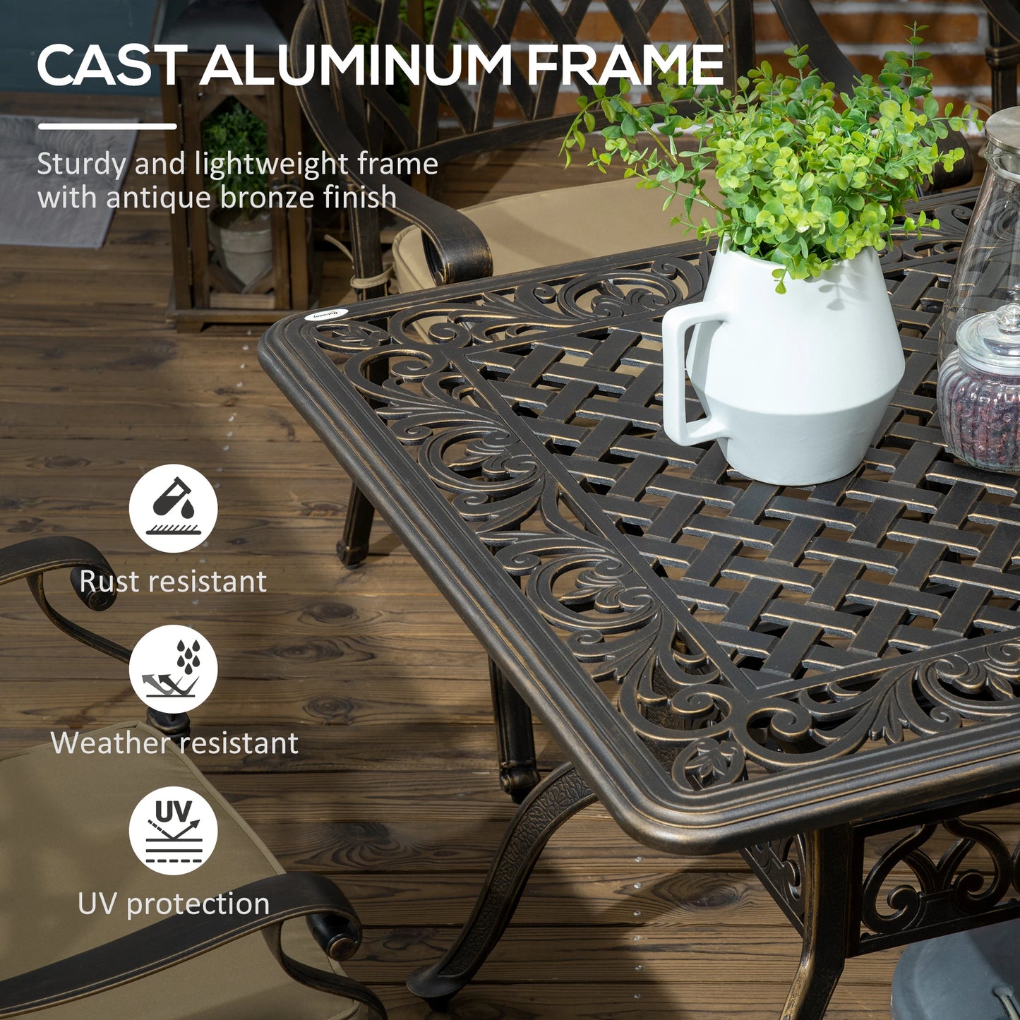 7-Piece Patio Dining Set, Cast Aluminum, 6 Cushioned Chairs, Rectangle Table, Khaki Bistro Sets at Gallery Canada
