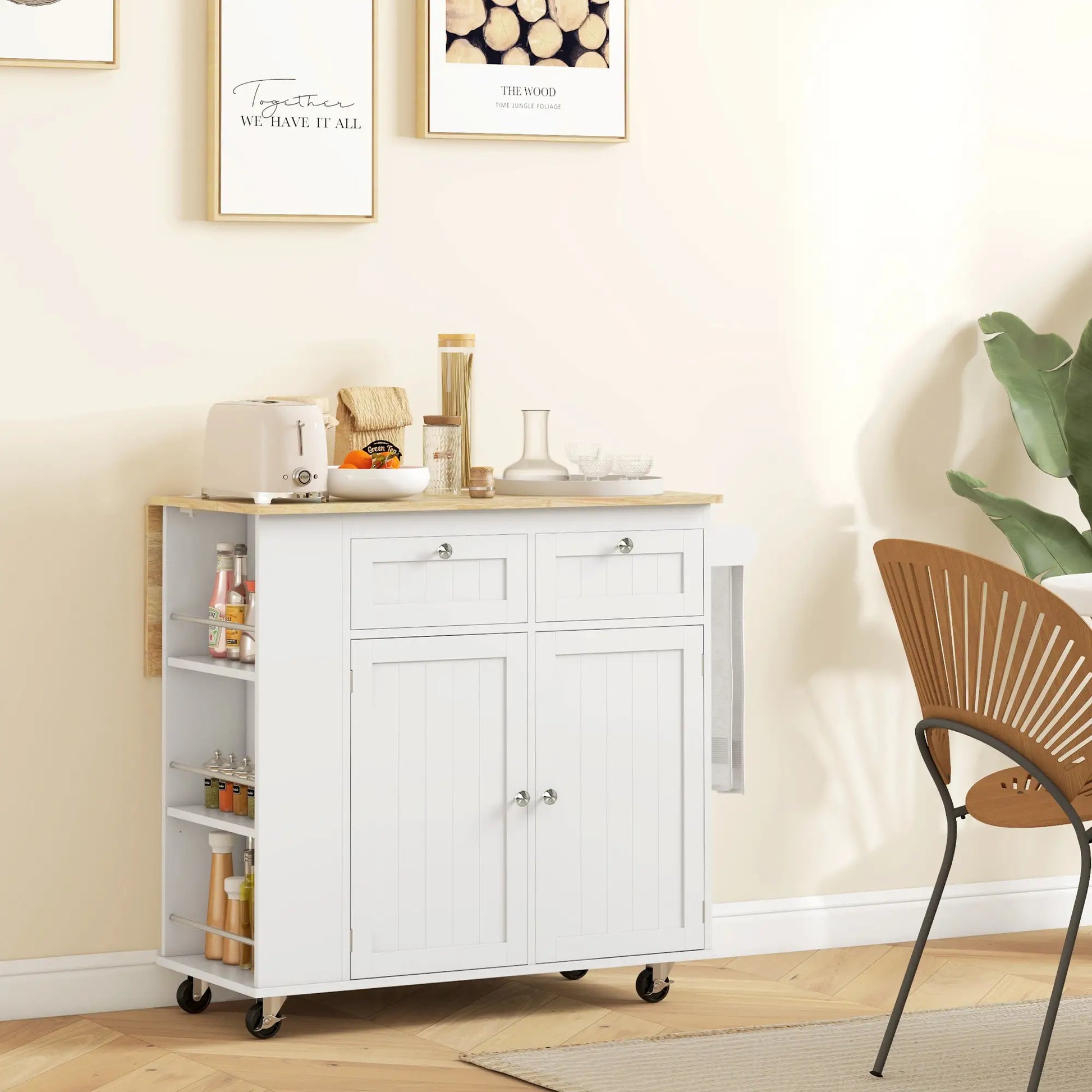 Kitchen Island with Power Outlet and Drop Leaf, Rolling Kitchen Cart with 2 Drawers and Adjustable Shelves, White Kitchen Islands & Kitchen Carts at Gallery Canada