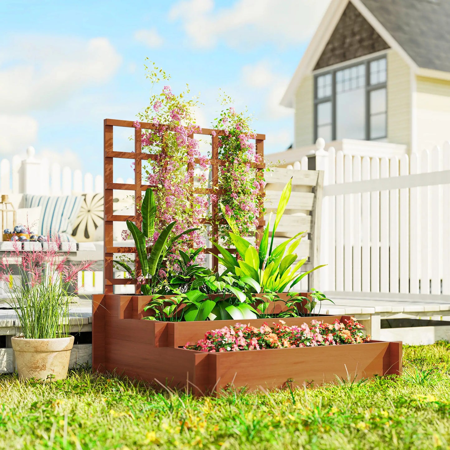 Wooden Elevated Planter Box with Trellis, 3 Tier Raised Garden Bed, Brown Raised Garden Beds at Gallery Canada