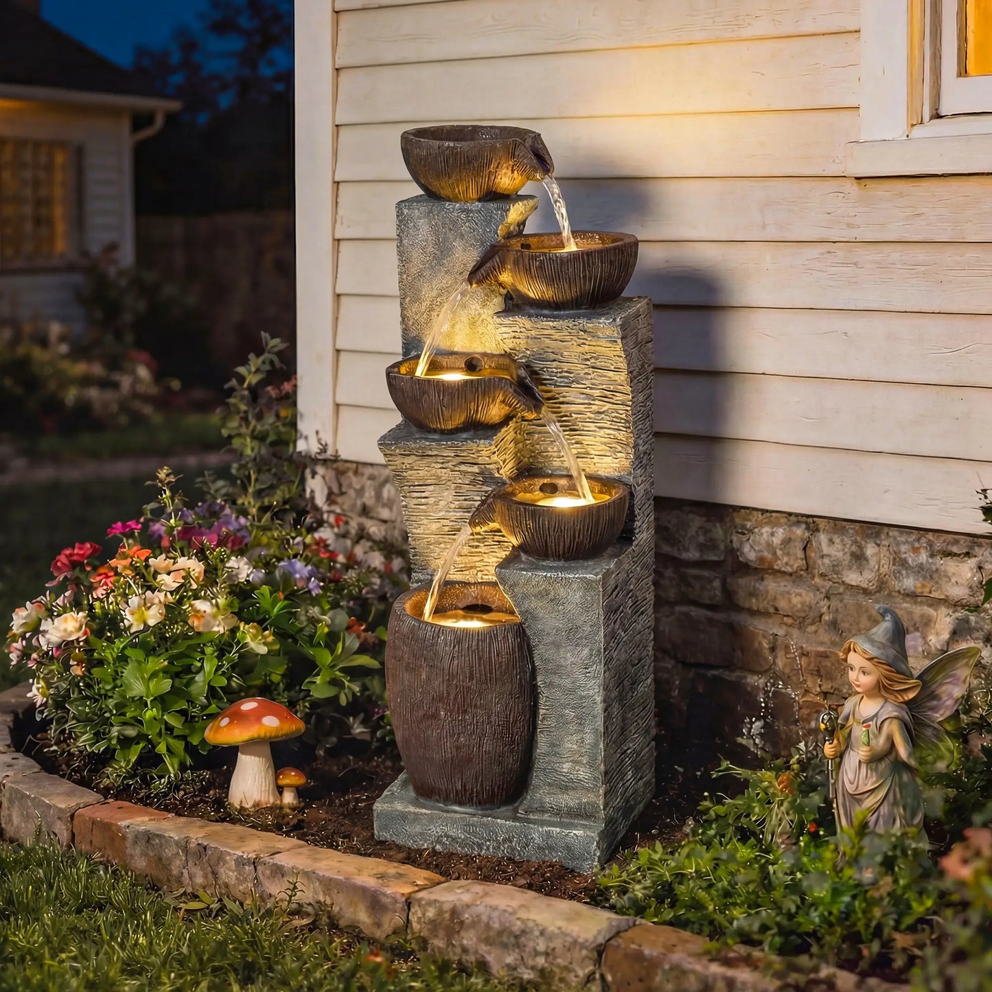 5-Tier Outdoor Water Fountain, Cascading Rock Waterfall, Grey Rustic Brown Water Fountains at Gallery Canada