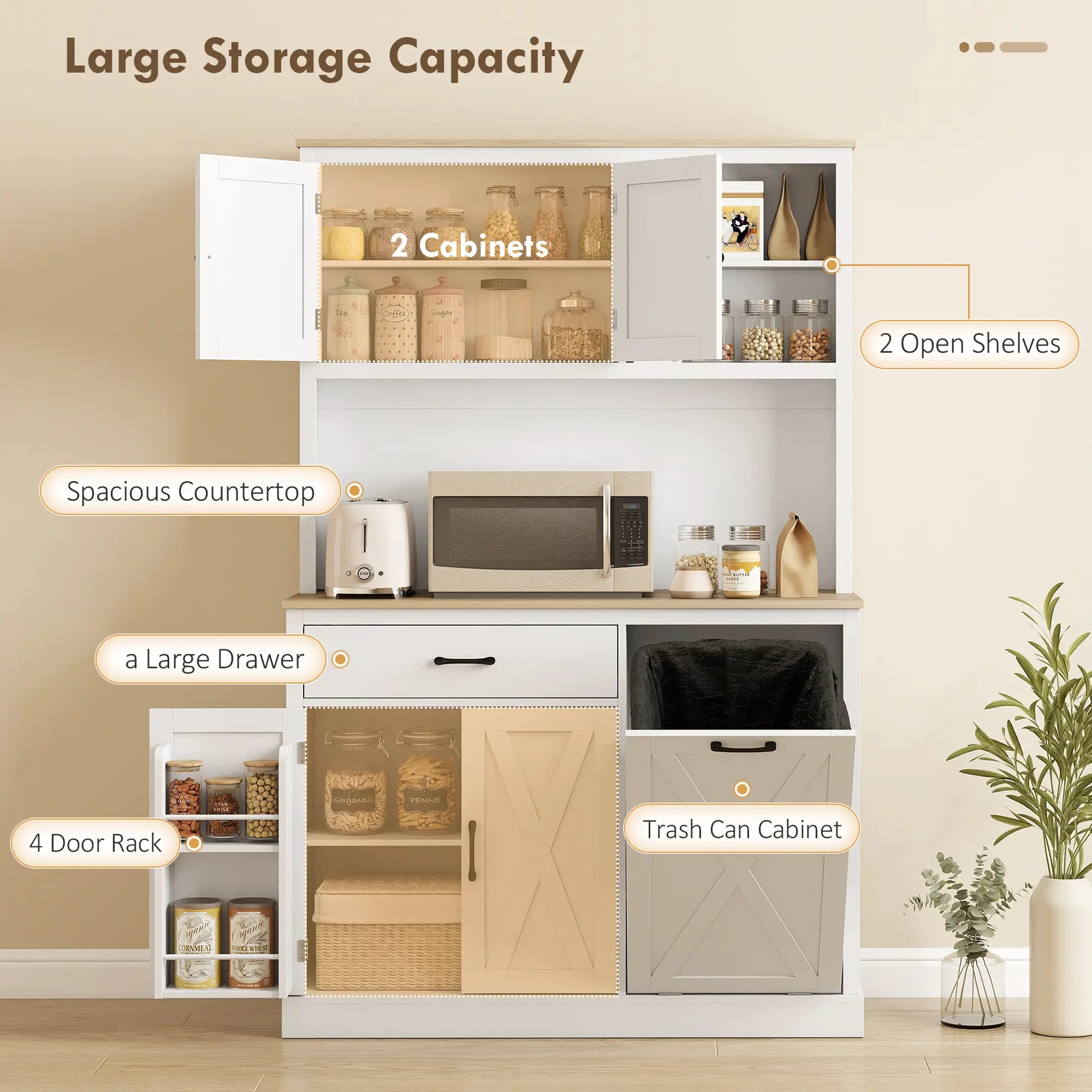 69 Inch Pantry Cabinet with Charging Station, Microwave Stand, Tilt Out Trash Can, White Kitchen Pantry Cabinets at Gallery Canada