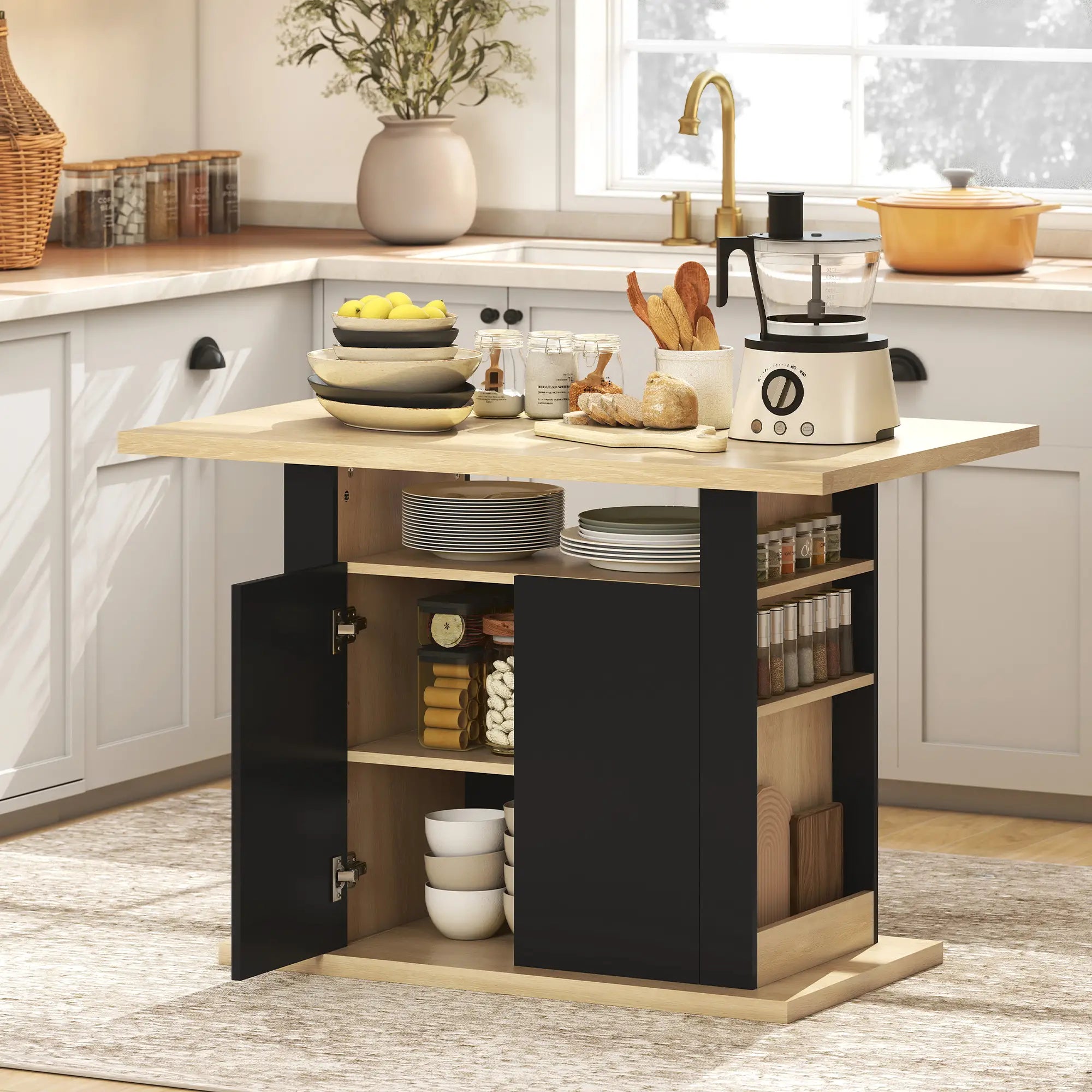 Kitchen Island Dining Table, 4-Door Cabinet, Black Kitchen Islands & Kitchen Carts at Gallery Canada