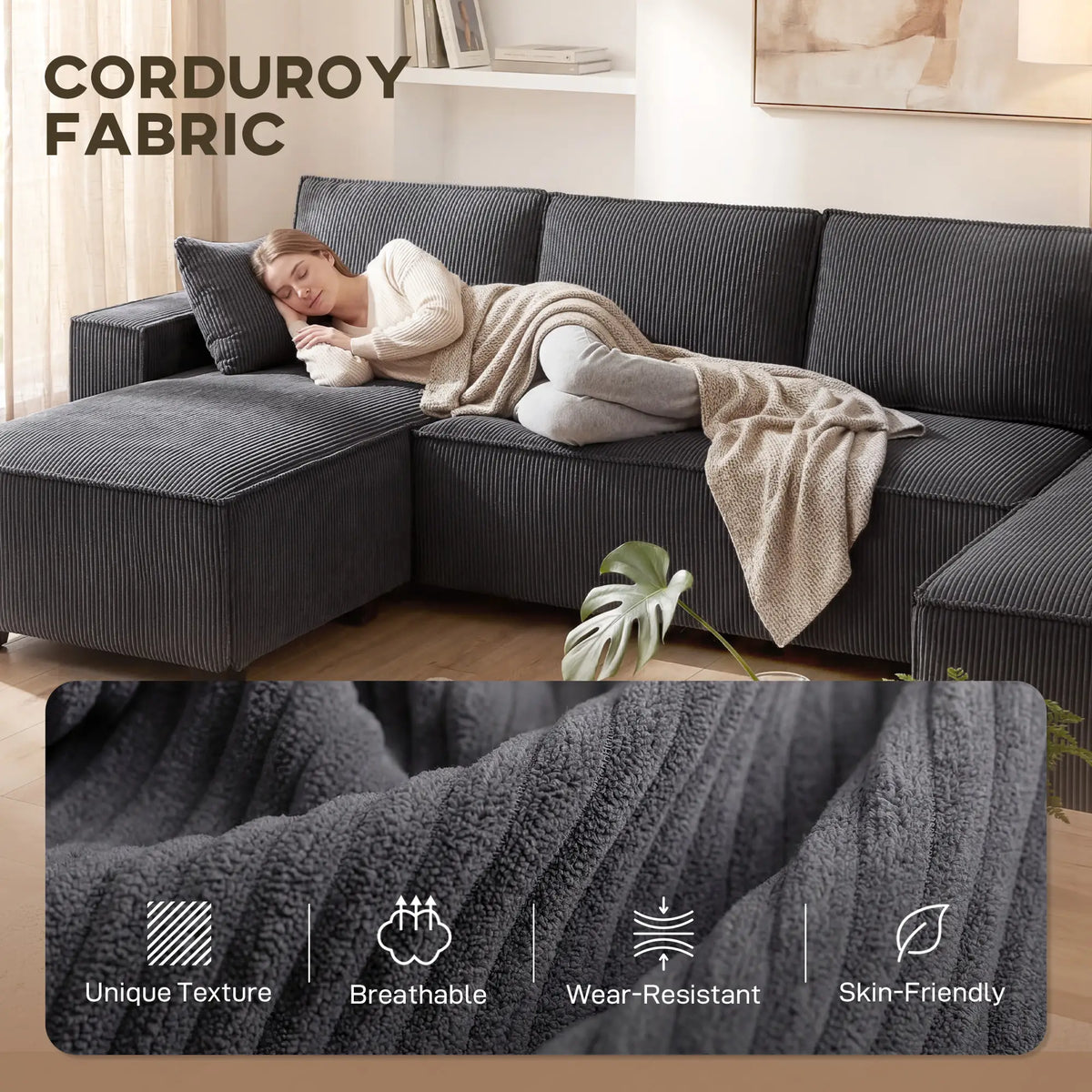 Modular U Shaped Sectional Sofa, Double Chaises, Spring Cushions, Dark Grey L Shaped Couchs at Gallery Canada
