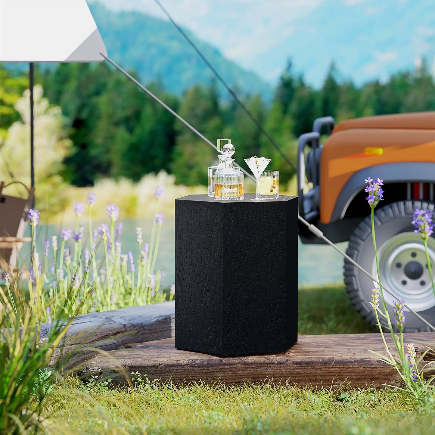 Hexagonal Side Table, Small with 4 Adjustable Feet, Indoor Outdoor, Black Side Tables at Gallery Canada