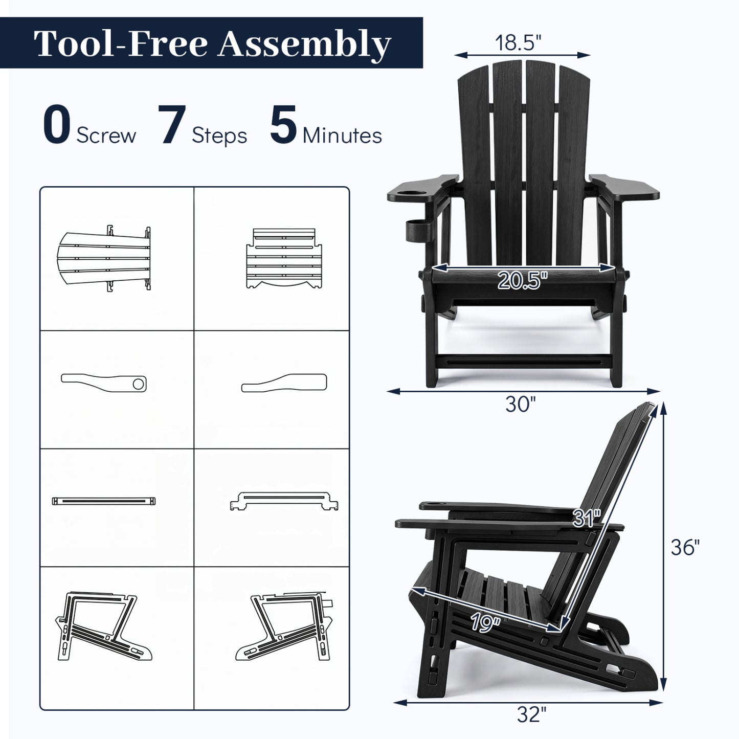 HDPE Adirondack Chairs, Realistic Wood Grain, Black
