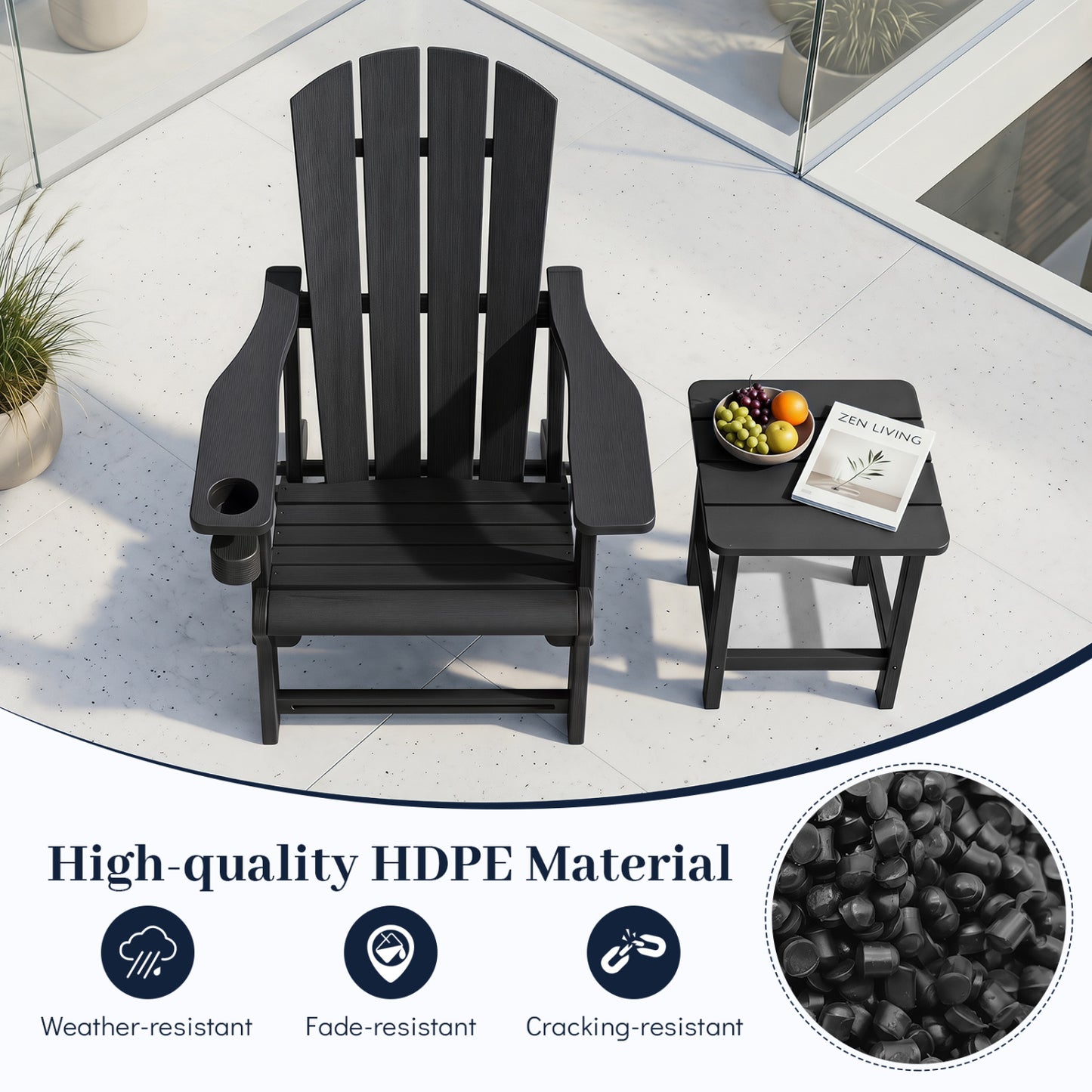 HDPE Adirondack Chairs, Realistic Wood Grain, Black