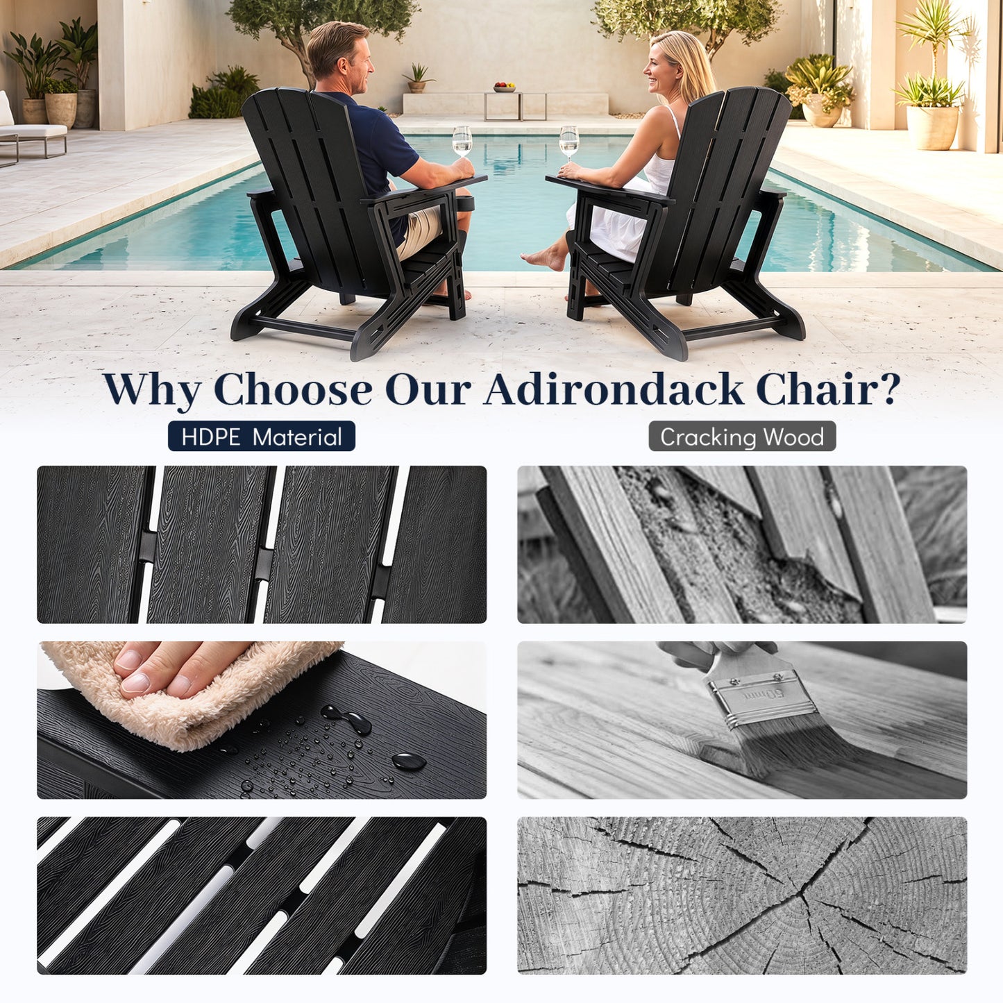 HDPE Adirondack Chairs, Realistic Wood Grain, Black