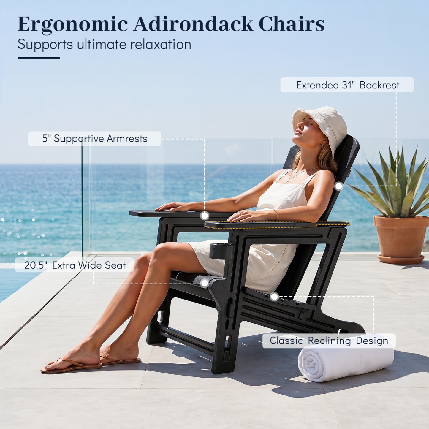 HDPE Adirondack Chairs, Realistic Wood Grain, Black