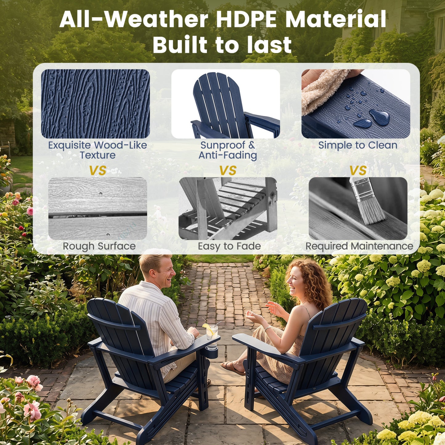 HDPE Adirondack Chair With Cup Holder, Patio, Blue
