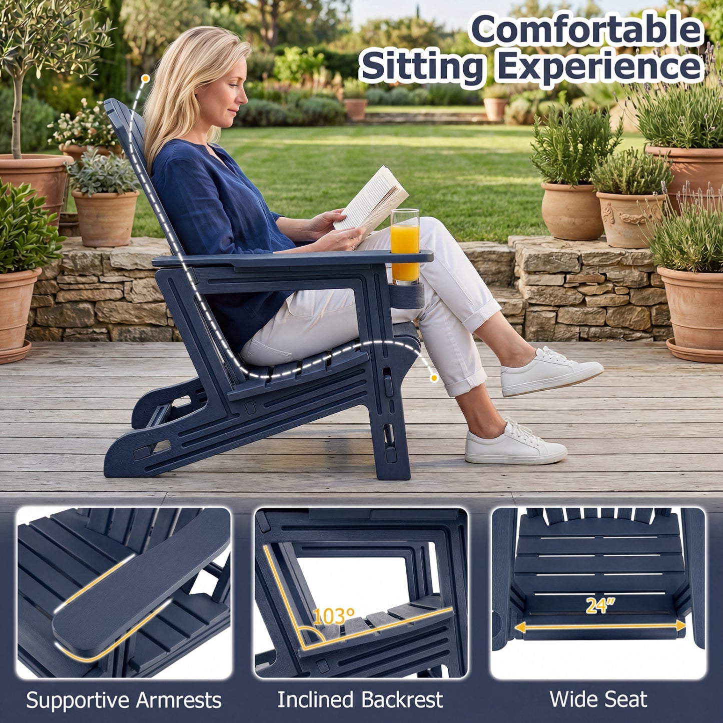 HDPE Adirondack Chair with Cup Holder, Blue