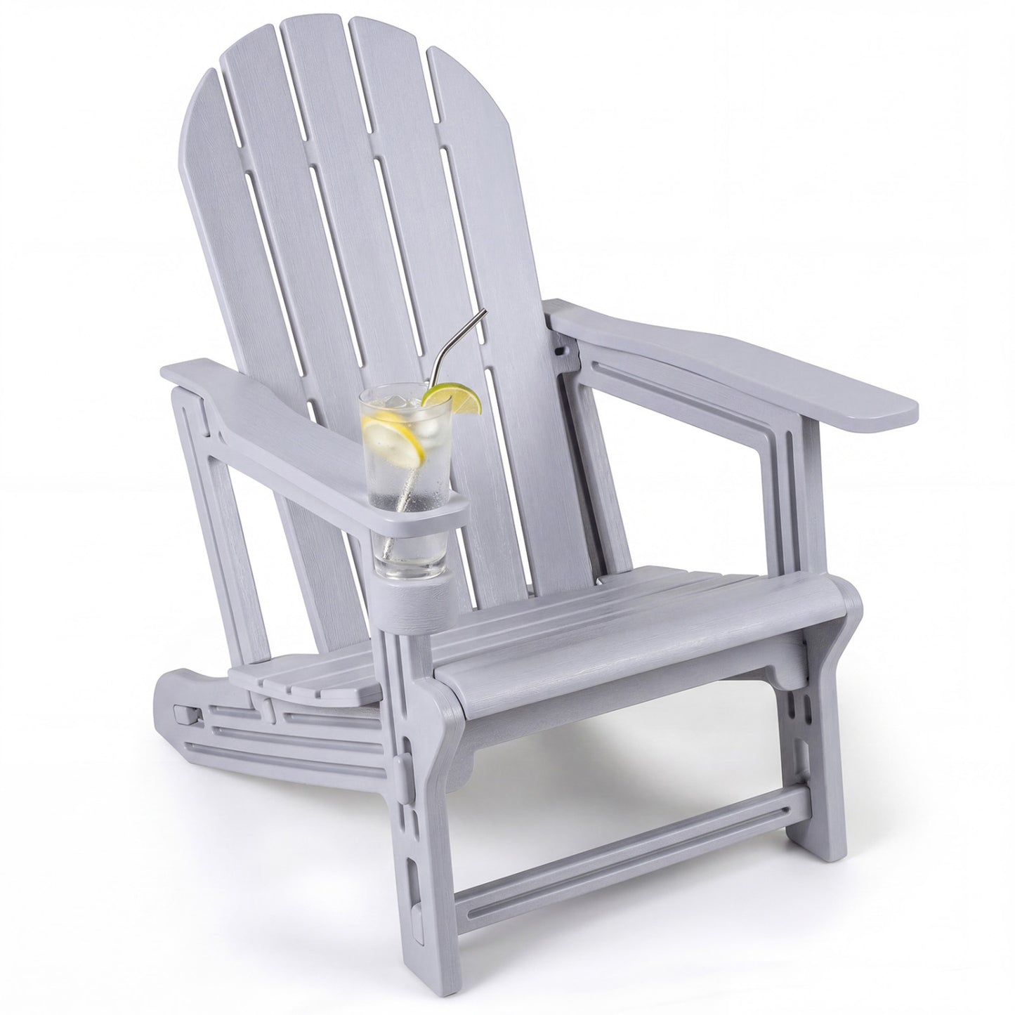 HDPE Adirondack Chair with Cup Holder and Wooden Texture for Patio, Gray