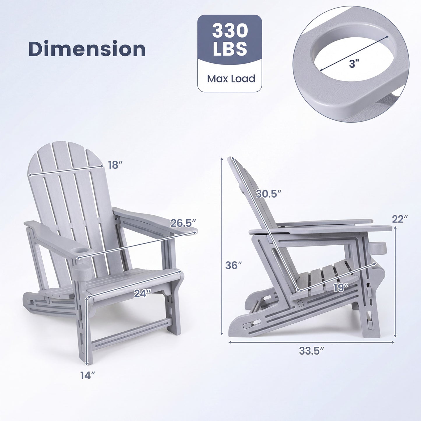 HDPE Adirondack Chair with Cup Holder and Wooden Texture for Patio, Gray