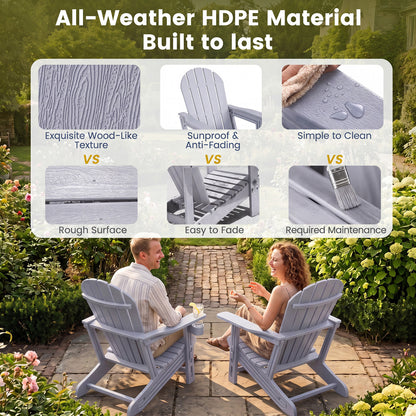 HDPE Adirondack Chair with Cup Holder and Wooden Texture for Patio, Gray