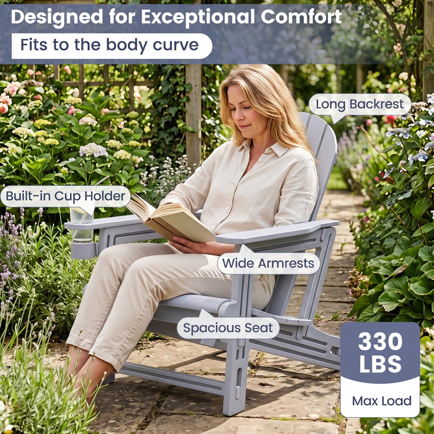 HDPE Adirondack Chair with Cup Holder and Wooden Texture for Patio, Gray