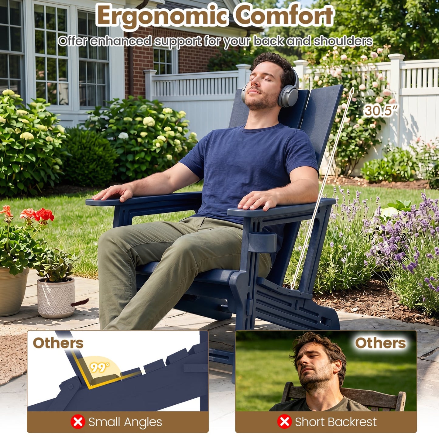 HDPE Outdoor Adirondack Chairs With Cup Holder, Blue