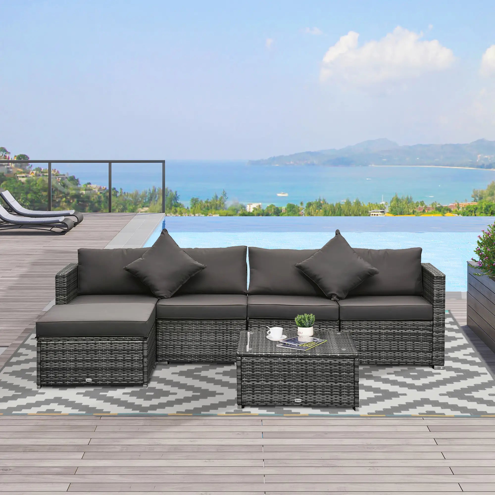 6-Piece Outdoor PE Rattan Sofa Set, Thick Cushions, Glass Top Table, Charcoal, Mixed Grey Patio Furniture Sets at Gallery Canada