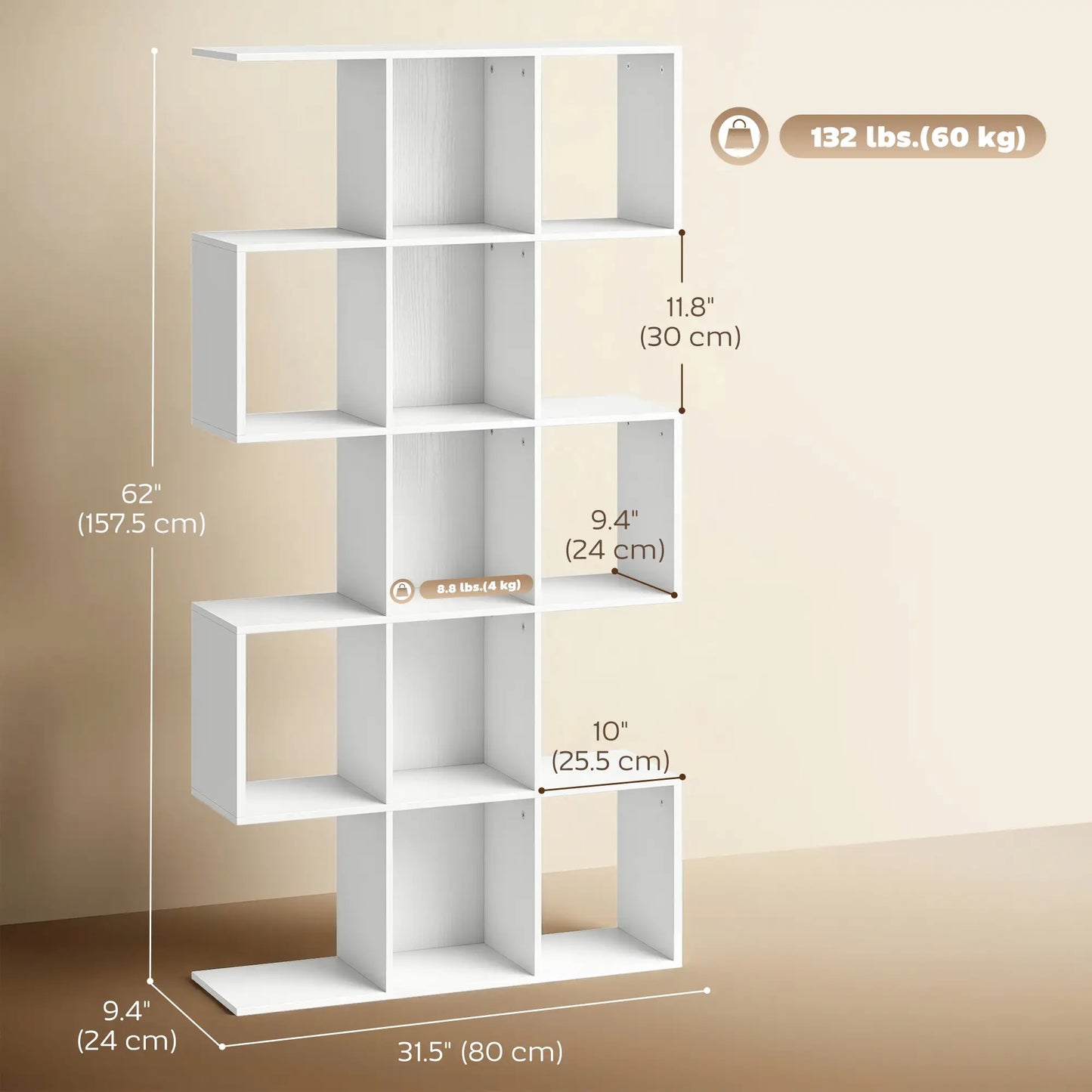 S-Shaped 5-Tier Bookshelf, 15 Compartments, White Wood Grain, White Display Bookshelves at Gallery Canada